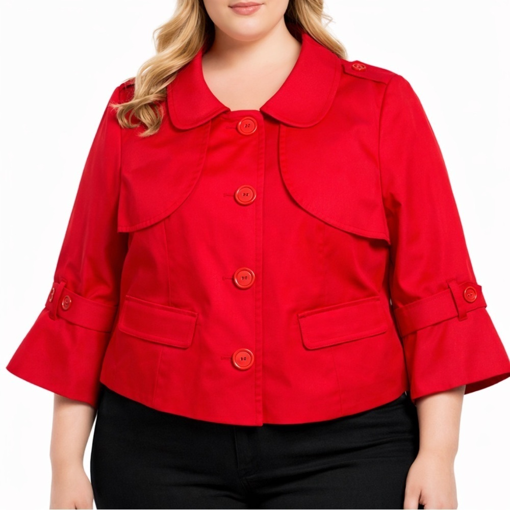 Rafaella Trench Style Cropped Jacket Blazer Red 2X Lined Career 3/4 Bell Sleeve
